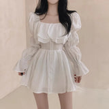 KYLETHOMASW  -  Women Dresses Puff Sleeve Solid Ruffles Square Neck Spring Autumn Vestidos Mujer Korean Fashion A-line Mini Dress