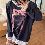 KYLETHOMASW  -  Korean Temperament Bow Letter Printed T-shirt Women Spring New Patchwork Lace Edge Long Sleeved Top