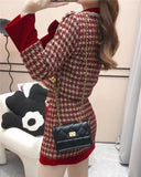 KYLETHOMASW  - Autumn Elegant Tweed Plaid Skirt Sets Women Sweet Chic Pearl Bow Woolen Jackets Mini Skirts Suit Korean Female Outfits