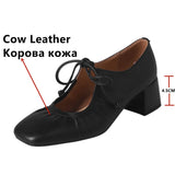 KYLETHOMASW  -  Mature Women Pumps Fashion Lace-Up Thick Heels Shoes Woman Spring Summer Office Lady Working Genuine Leather Pumps 2024