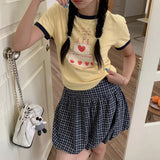 Kylethomasw   - Korean Contrast Color Plaid Sweet Bud Skirt Women 2024 Summer New High Waist Loose Casual Pleated Mini Skirt