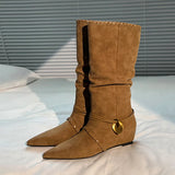 KYLETHOMASW  -  Mid Calf Women Boots Pointed Toe Flats Shoes Designer Chelsea Boots Winter 2025 Casual Walking Suede Zapatos Goth Mujer Botas