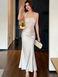 KYLETHOMASW  -  New Solid Satin Patchwork Mesh Pleated Dress Summer Elegant Luxury Neck-mounted Sexy Dress Women Korean Bodycon Party Dress