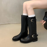 KYLETHOMASW  -  Winter Belt Buckle Women Knight High Boots Thick Heel Shoes Female Vintage Slip On Slim Long Booties Zapatos De Muje