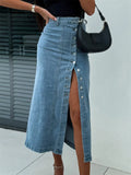 KYLETHOMASW  -  Women's Denim Skirt Solid Color High Waist Oblique Button Up Split Long Skirt for Travel Party