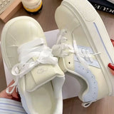 KYLETHOMASW  -  Women's Kawaii Ribbon Thick Heel Breathable White Sneakers Casual Running Shell Shoes Chunky Y2K Dad Style for Spring