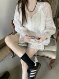 KYLETHOMASW  -  White Women Suits Hollow Out Flare Full Sleeve Blouses Summer Office Wear Sweet Casual New OL Wide Leg Loose Shorts