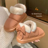 KYLETHOMASW  -  Bow Cotton Shoe Waterproof Plush Boots Women Cute Warm Ankle Boots New Ladies Outdoor Non-slip Thick Sole Snow Boot Furry
