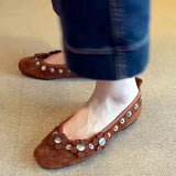 KYLETHOMASW  -  Brown Metal Button Flower Decoration Ballet Flats women Faux Suede Design Loafers Elegant Comfortable Mary Jane Shoes for Women