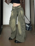 Kylethomasw Zipper Cargo Denim Pants Women Streetwear Hip Hop Retro Loose Pockets Straight Wide Leg Jeans Y2k Causal Female Trousers