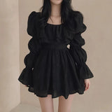 KYLETHOMASW  -  Women Dresses Puff Sleeve Solid Ruffles Square Neck Spring Autumn Vestidos Mujer Korean Fashion A-line Mini Dress