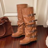 KYLETHOMASW  -  Women Knee-high Boots Summer 2025 Shoes Woman Knight Boots Woman Designer Buckle Chelsea Long Botas Pu Leather Motorcycle Shoes
