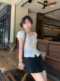 KYLETHOMASW  -  Shirts for Women Summer High-end Designed French Sweet Style Embroidered Lace Three-dimensional Flower Short-sleeved Shirt Top