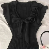 KYLETHOMASW  -  Elegant Bow Women Mini Dress Summer New Sweet Ruffles Slim A-Line Dresses Elegant Flying Sleeves Chiffon Pleated Vestidos 026A