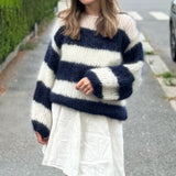 KYLETHOMASW  -  Women Autumn Winter Loose Fit Knitwear Jumpers Vintage Striped Fuzzy Knitted Sweater Casual Boat Neck Long Sleeve Pullover Tops