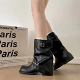 KYLETHOMASW  -  Winter Pleated Women Western Ankle Boots Fashion Rivet Belt Buckle Shoes Ladies Concise Vintage Thick Heel Short Booties