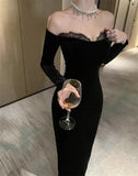 KYLETHOMASW  -    Evening Dresses Women Temperament Lace Patchwork Slash Neck Slim Sexy Elegant Cocktail Dress Backless Velvet Party