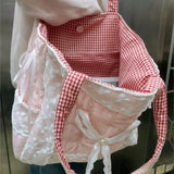 KYLETHOMASW  -  Sweet Lovely Pink Bow Tote Bag Women Lace Patchwork Plaid Large Capacity Shoulder Bag Ladies Fashion Versatile Underarm Bag Chic