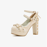 KYLETHOMASW  -  Summer 2025 Ladies 2.5 Platform Cute Bow Lace Princess Lolita Shoes Party 10cm High Heel Buckle Big size 43