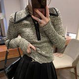 Kylethomasw Vintage Zipper Sexy Slim Knit Long-sleeved Sweater Women Autumn New Turn Down Collar Contrast Color Patchwork Casual Tops