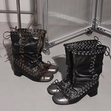 KYLETHOMASW  -  Vintage Pleated Mid-Calf Boots Cross-tied Square Toe Mid Heels Luxury Leather Fashion Novelty Sexy Concise Autumn Women Shoes