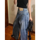 Kylethomasw Korean Retro Washed Splicing Casual All Match Jeans Women Spring New High Waist Loose Distressed Denim Wide Leg Pants