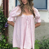 KYLETHOMASW  -  Y2K Kawaii Short Puff Sleeves Mini Dress Vintage Square Neckline Tie Up Bodydall Dress Daily Party Club Loose Fit A-line Dress