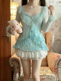 KYLETHOMASW  -  Vintage Style Sweet Girl Lace Cardigan + Polka Dot Camisole + Short Skirt Suiit Japanese Style Elegant 3-piece Set Summer