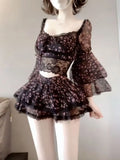 KYLETHOMASW  -  French Elegant Floral Lace 2 Piece Set Women Layered Ruffle Crop Top High Waist Mini Skirt Slim Fit Party Date Night Outfit