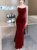 KIylethomasw Women Sexy Vintage Split Velvet Midi Dresses Summer French Elegant Spaghetti Strap Wedding Party Female Clothing