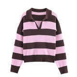 KYLETHOMASW  -  Hot Selling New Striped Knit Polo Shirt Spring V Neck Pullover Top Elegant Casual Style Daily Fashion Knitwear For Women