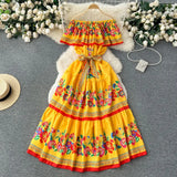 KYLETHOMASW  -  French Court Style Dresses Floral One Shoulder Casual Dress Women Summer Straps Waistband Beautiful Long Clothes