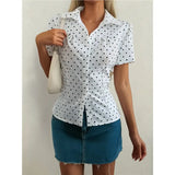 KYLETHOMASW  -  Women's Ruched Button Down Shirt Short Sleeve Tie Back Fitted Blouses