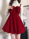 KYLETHOMASW  -  French Elegant Christmas Red Velvet Short Strap Dress Women Autumn New Bow A-line Dot Bubble Dress Female Clothes