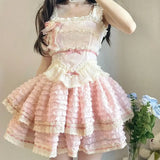 KYLTHOMASW  -  Japan Lolita Cake Princess Dress Pink Sweet Girl Small French Heavy Work Puffy Dress Cosplay Costumes Women Mini strap Dress