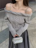 KYLETHOMASW  -   Knitted Elegant Slash Neck Sweaters Daily Women 2024 Knitted Pullovers Daily Sweet Chic Off Shoulders Fashion Spring