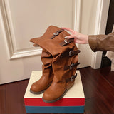 KYLETHOMASW  -  Women Knee-high Boots Summer 2025 Shoes Woman Knight Boots Woman Designer Buckle Chelsea Long Botas Pu Leather Motorcycle Shoes