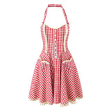 KYLETHOMASW  -  Sexy Red Plaid Print Halter Dress Women Slim Low Waist Spliced Khaki Wood ears Lining Swing Ball Gown Short Dresses Summer Robe