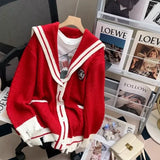 Kylethomasw Vintage Sailor Collar Knitted Cardigan Women Oversized Preppy Style Streetwear Sweaters Coat for Women Korean Style New