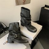 KYLETHOMASW  -  Black Boots Ladies Round Toe Chunky Heels Fall Shoes Belt Buckle Cowboy Boots For Woman 2025 New Arrivals Botas Vintage