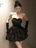 KYLETHOMASW  -  Sexy Black Velvet Womens Dresses Y2K Strapless Birthday Party Mini Dress Korean Slim Waist A-Line Short Vestidos Female Clothing