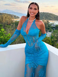 Kylethomasw Luxury Women Celebrity Sexy Deep V Neck Backless Blue Black Lace Maxi Long Bodycon Dress 2024 Elegant Evening Club Party Dress