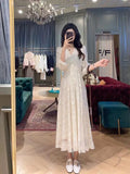 Kylethomasw French Spring/Summer Fashion Party Dress Vintage Puff Sleeve Mid-length Dress for Women V Neck Elegant Fairy Wedding Dress Robe