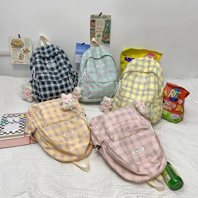 Kylethomasw Middle School Bags for Girls Teenagers Student Backpack Women Plaid Nylon Casual Campus Korean Bagpack