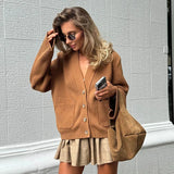 KYLETHOMASW  -  Solid V Neck Single Breasted Knit Cardigan Pocket Front Drop Shoulder 2025 Autumn Casual Women Coat Daily Cozy Chic Lady Sweater