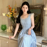 KYLETHOMASW  -  Slim Blue White Checkered Waistband Flying Sleeves Elegant Dress Women Summer New Long Checkered Vestidos