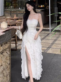 KYLETHOMASW  -  Korean Sweet Fairycore Long Dresses for Women Elegant Spaghetti Strap Ruffles Princess Party Dress Summer Slim Waist Vestidos