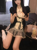 KYLETHOMASW  -  Harajuku Summer Women 2 Piece Set Gothic Lace Slim Tops + Elastic Plaid Short Skirt Female Retro High Street Y2k Design Outfits