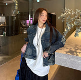 KYLETHOMASW  -  Woman‘s Deep Denim Jacket Solid Color Long Sleeve Coat Retro Loose Coat Casual Style Denim Jacket Daily Fashion Outerwear