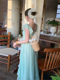 KYLETHOMASW  -  French Vintage Summer Green Elegant Sexy Evening Party Long Dress Women Sleeveless Backless Vacation Ruffles Slip Fairy Dress